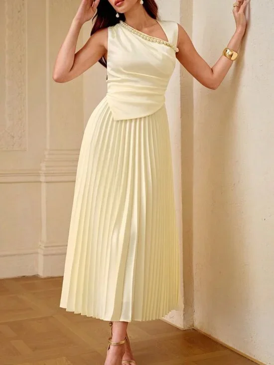 Apricot Elegant Women's Waist Cinching Ruched Pearl Chain Decor Maxi Dress - Picture 5 of 6